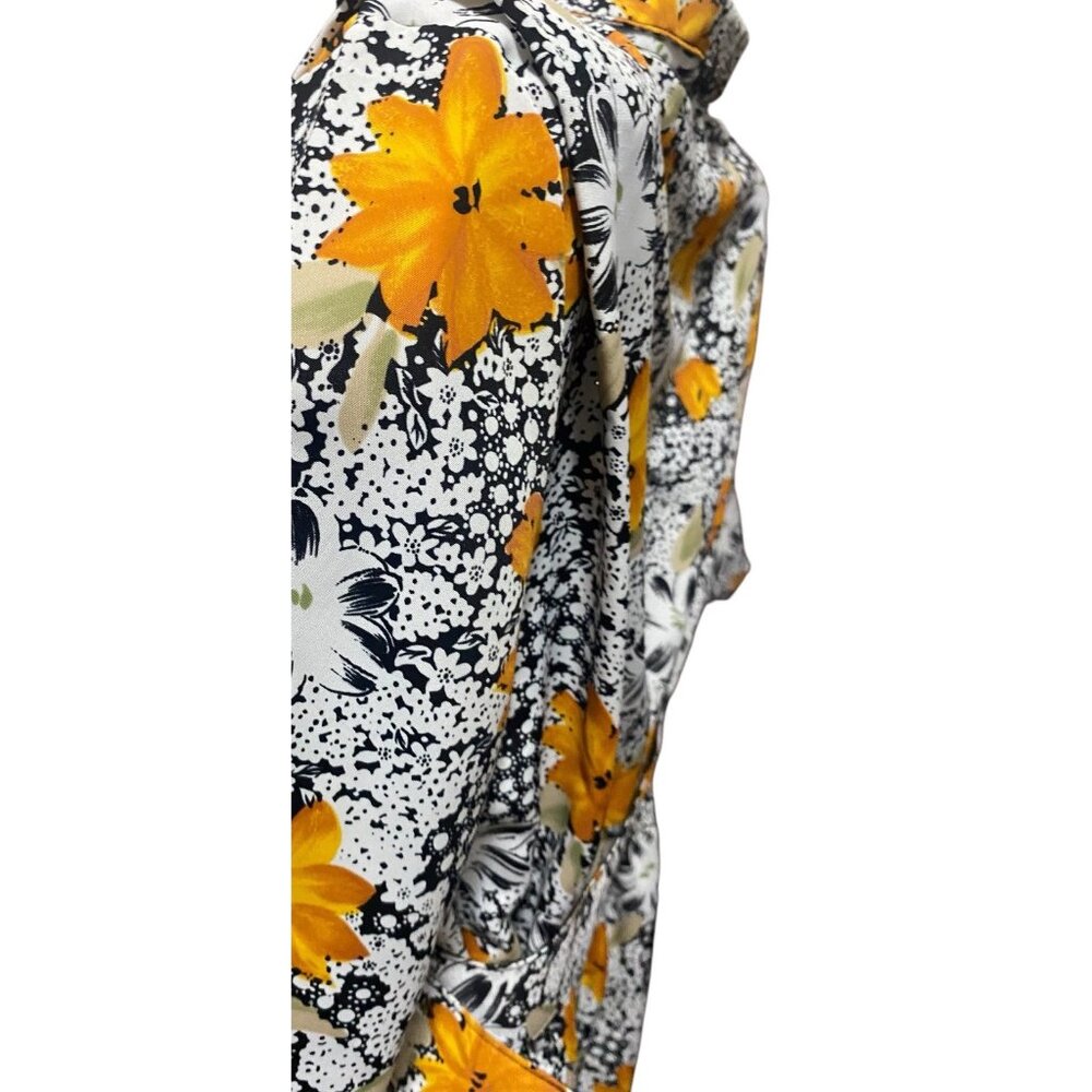 JAS Vintage Dress 2X Floral Midi Short Sleeves Collar Belted Pocket Black Yellow - Picture 12 of 15